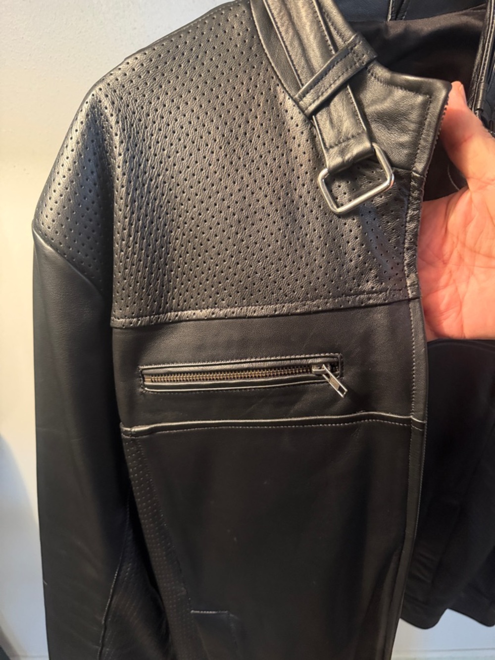 Men's Black Perforated Leather Bomber Jacket with Buckle Collar. - Picture 5 of 7